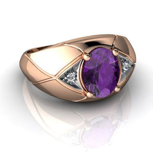 14kt Rose Gold Amethyst and Diamond 8x6mm Oval Men's Ring - Size 7