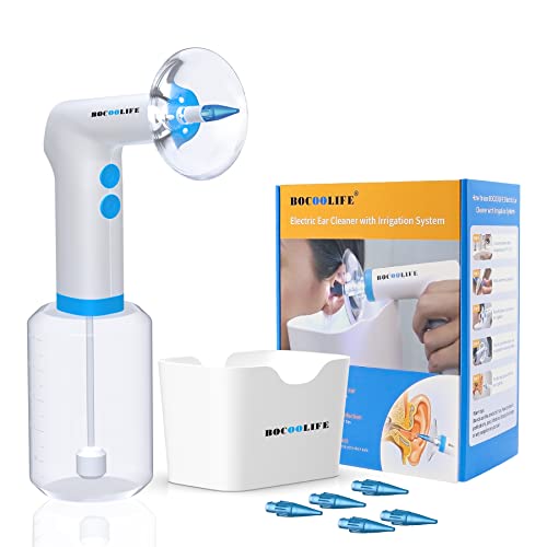 BOCOOLIFE Electric Earwax Removal Ear Irrigation System - Electric Ear Irrigation Kit Ear Cleaner Ear Wax Washer Safe and Easy Ear Cleaning with 4 Pressure Levels, 5 Disposable Tips & Ear Catch Basin