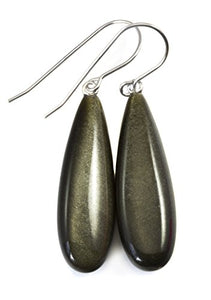 Sterling Silver Obsidian Earrings Velvet Black Shimmer Smooth Long Teardrops