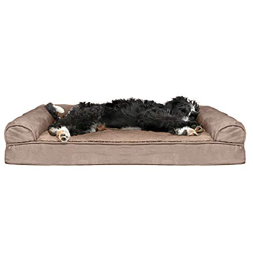 Furhaven Pet Bed for Dogs and Cats - Plush and Suede Sofa-Style Cooling Gel Foam Dog Bed, Removable Machine Washable Cover - Almondine, Large