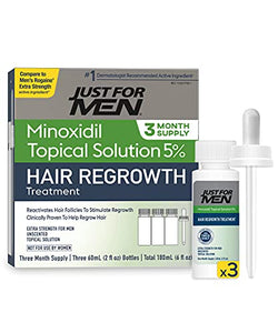 5% Minoxidil Extra Strength Hair Regrowth Treatment by Just For Men, Topical Solution for Hair Loss, Thinning & Balding, Unscented, Includes Dropper, 3 Month Supply