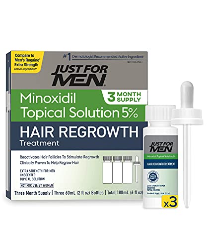 5% Minoxidil Extra Strength Hair Regrowth Treatment by Just For Men, Topical Solution for Hair Loss, Thinning & Balding, Unscented, Includes Dropper, 3 Month Supply
