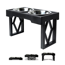 Load image into Gallery viewer, Pet Zone Designer Diner Adjustable Elevated Dog Bowls - Adjusts to 3 Heights, 2.75”, 8", &amp; 12'' (Raised Dog Dish with Double Stainless Steel Bowls) Black
