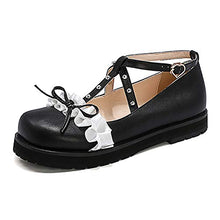 Load image into Gallery viewer, 100FIXEO Women Fashion Flats Heel Bow Rivet Buckle Strap Platform Ruffles Round Toe Elegant Mary Janes Shoes (Black, 8.5)
