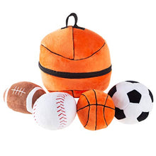 Load image into Gallery viewer, Hey! Play! My First Sports Bag Playset- Plush Soccer, Baseball, Basketball &amp; Football for Babies, Infants &amp; Toddlers- Gift Set with Storage Bag
