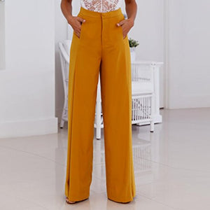 GoodLock Women High Waist Pants OL Loose Stretch Wide Leg Long Pants Palazzo Trousers (Yellow, Small)