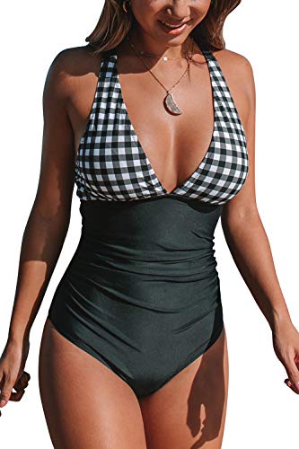 CUPSHE Women's One Piece Swimsuit V Neck Tummy Control Cross Back Vintage Swimwear Bathing Suits White Stripe Floral M