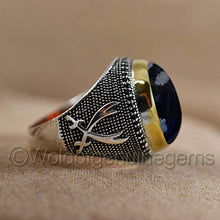 Load image into Gallery viewer, Snowflake Obsidian Gemstone Ring, Solid 925 Sterling Silver, Cab Oval, Black Enamel, Handmade, Sword Design Ring, Two Tone, Vintage Style, Bold Ring For Men, Unique Gift For Boys, Christmas Wear

