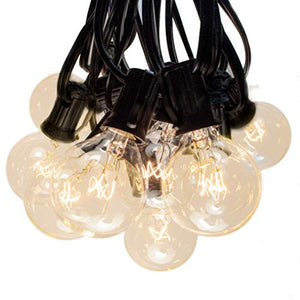 50 Foot Globe String Lights - Black Wire - 50 G40 Clear Bulbs (+ 2 Free Spares) for Patio Deck Cafe Bistro and Outdoor Lighting