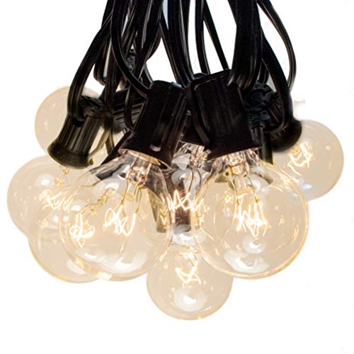 50 Foot Globe String Lights - Black Wire - 50 G40 Clear Bulbs (+ 2 Free Spares) for Patio Deck Cafe Bistro and Outdoor Lighting
