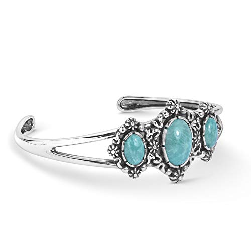 American West Sterling Silver Green Turquoise Gemstone 3-Stone Floral Filigree Cuff Bracelet Size Small