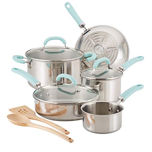 Rachael Ray Create Delicious Stainless Steel Cookware Set, 10-Piece Pots and Pans Set, Stainless Steel with Light Blue Handles