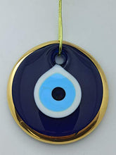 Load image into Gallery viewer, Erbulus Glass Blue Evil Eye Wall Hanging Gold Ornament – Turkish Nazar Bead - Home Protection Charm - Wall Decor Amulet in a Box
