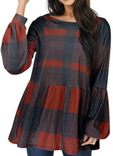 Load image into Gallery viewer, Hibluco Womens Plaid Shirts Long Puff Sleeve Peplum Tops Babydoll Blouses Red
