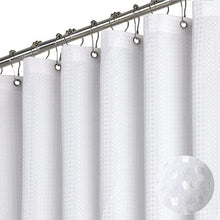 Load image into Gallery viewer, Dynamene White Fabric Shower Curtain， Waffle Weave Heavy Duty Hotel Luxury Cloth Shower Curtains for Bathroom, 72 Inch 256GSM Weighted Bath Curtain Set with 12 Plastic Hooks,72x72
