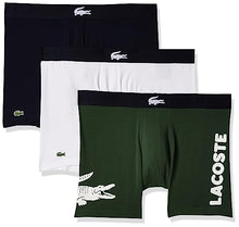 Load image into Gallery viewer, Lacoste mens Iconic Fashion 3 Pack Cotton Stretch Boxer Briefs, Thyme/Navy Blue-white, Large US
