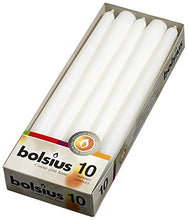 Load image into Gallery viewer, BOLSIUS Long Household White Taper Candles - 10-inch Unscented Premium Quality Wax - 7.5 Hour Long Burning Dripless Candles Bulk Pack of 10 for Home Decor, Wedding, Parties and Special Occasions
