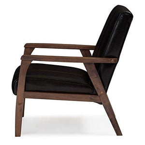 Baxton Furniture Studios Nikko Mid-Century Modern Scandinavian Style Faux Leather Wooden Lounge Chair, Black
