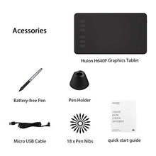 Load image into Gallery viewer, HUION Inspiroy H640P Graphic Tablets OSU Drawing Tablet with 6 Shortcut Keys, Digital Drawing Pad with 8192 Battery-Free Pen Tilt Function, Glove and 18 Pen Nibs Included
