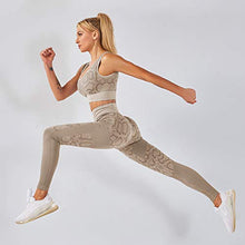 Load image into Gallery viewer, YEOREO Yoga Outfit for Women Seamless 2 Piece Workout Gym High Waist Snake Print Leggings with Sport Bra Set Khaki S
