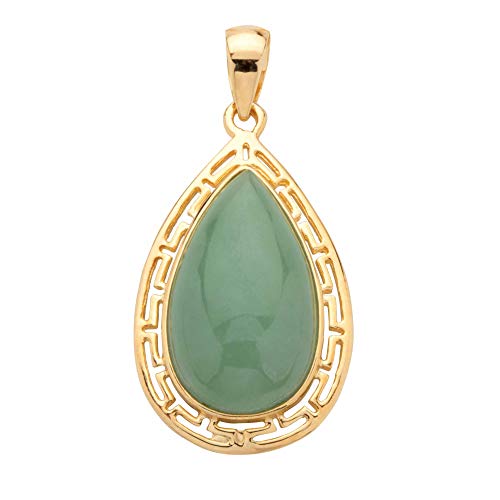 14K Yellow Gold over Sterling Silver Pear Shaped Genuine Green Jade Cutout Halo Pendant (33mm)