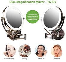 Load image into Gallery viewer, Ovente 7.5" Lighted Wall Mount Makeup Mirror, 1X &amp; 10X Magnifier, Spinning Double Sided Round LED w/ Dimmer Switch, Extend, Retractable &amp; Folding Arm, Battery USB Powered Antique Brass MLW75AB1X10X
