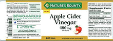 Load image into Gallery viewer, Nature&#39;s Bounty Apple Cider Vinegar Dietary Supplement, Supports Energy Levels and Metabolism, Plant Based, 480mg, 200 Tablets
