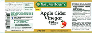 Nature's Bounty Apple Cider Vinegar Dietary Supplement, Supports Energy Levels and Metabolism, Plant Based, 480mg, 200 Tablets