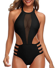 Load image into Gallery viewer, Tempt Me Women One Piece Mesh Swimsuit Black High Neck Halter Cutout Monokini L
