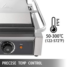 Load image into Gallery viewer, Happybuy 110V Commercial Sandwich Panini Press Grill 2X1800W Temperature Control 122°F-572°F Commercial Panini Grill Non Stick Surface for Hamburgers Steaks Bacons (Up Grooved and Down Flat Plates）
