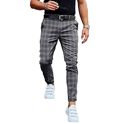 Generic Men's Traditional Plaid Chino Pants Slim Fit Casual Striped Slacks Loose Comfort Scottish Grid Trousers (Dark Gray,Large)