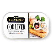 Load image into Gallery viewer, Belveder Premium Wild Cod Liver in Own Oil from Iceland 120g/4.2 Oz | Natural Source of Omega-3 Fatty Acids (Pack of 12)
