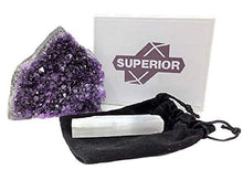 Load image into Gallery viewer, SUPERIOR Amethyst Cluster - 1/2 to 1 lb - Uruguayan Amethyst Crystals. Includes a Bonus 3 inch Selenite Wand in a Velvet Bag.
