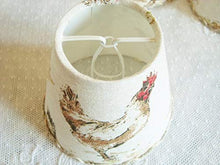 Load image into Gallery viewer, 3 Chickens fabric chandelier lampshades for sconce or wall light, Handmade with French country style rooster and hen motifs 4.3 x 5.1 ins
