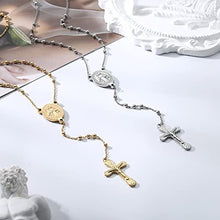 Load image into Gallery viewer, THUNARAZ 2 Pcs Rosary Cross Necklace for Women Saint Beads Chain Virgin Mary Pendant Y Necklace Medallion Design Stainless Steel Double Pendant Chain Necklace
