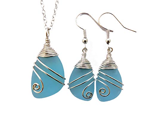 Handmade in Hawaii, Wire wrapped turquoise bay blue sea glass Necklace+Earrings Set,