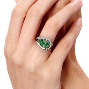 14K Yellow Gold Lab Emerald and Diamond Pear Nestled Heart Keepsake Ring - Size 8.5
