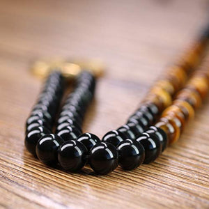 COAI Tree of Life Pendant Tiger Eye Obsidian Stone 108 Beads Mala Necklace