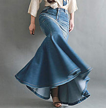 Load image into Gallery viewer, LISUEYNE Women's Casual Stretch Waist Washed Denim Ruffle Fishtail Skirts Long Jean Skirt
