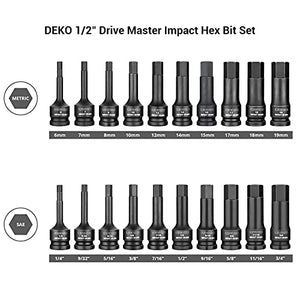 DEKOPRO 1/2" Drive Master Impact Hex Bit Set, Hex Driver,20Piece, Cr-Mo Steel, SAE/Metric, 1/4" - 3/4", 6mm - 19mm, Meets ANSI Standards, Dual Size Markings, Heavy Duty Storage Case