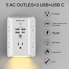 Load image into Gallery viewer, Outlet Extender with Night Light, USB Wall Charger, POWLIGHT 5-Outlet Surge Protector Power Strip with 4 USB Ports, 1680 Joules Multi Plug Outlet with Spaced Outlets for Home, Office, White
