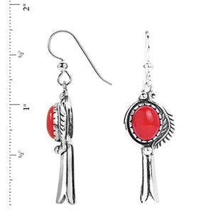 American West Sterling Silver Red Coral Gemstone Leaf and Squash Blossom Dangle Earrings