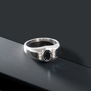 Gem Stone King 1.72 Ct Oval Black Sapphire White Created Sapphire 925 Sterling Silver Men's Ring (Size 11)