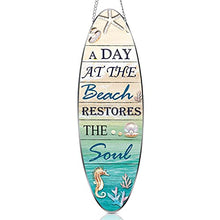 Load image into Gallery viewer, Hotop Metal Surfboard Sign Decor A Day At The Beach Restores The Soul Plaque Hanging Beach Decor for Wall and Door Outside Decor, 4 x 12.6 Inch
