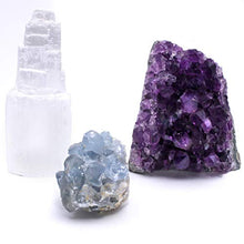 Load image into Gallery viewer, Dancing Bear Amethyst Cluster Cut Base (up to ½ lb), Celestite, Selenite Tower (3&quot; Tall), Healing Crystal (3 Pc Set) Premium Grade A, Bohemian Home Décor, Natural Good Vibes, Metaphysical Info Cards
