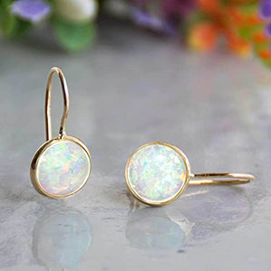 14k Solid Yellow Gold White Opal 8mm Gemstone Dangle Earrings, Dainty Opal Gemstones Earrings, Bridal Handmade Wedding Jewelry Gift for Brides, Graduation Gift