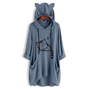 Casual Hooded Sweatshirts for Women Long Sleeved Plus Size Pullover Loose Oversized Drawstring Cat Ear Hoodies Blouse
