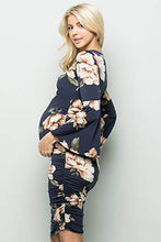 Load image into Gallery viewer, My Bump Women's Maternity Dress - Printed Fitted Stretch Bell Sleeve W/Ruched, Navy SKAC Medium
