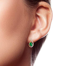 Load image into Gallery viewer, 10k Yellow Gold Genuine Oval Emerald and Diamond Curved Halo Drop Earrings
