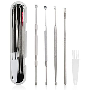 MJIYA Ear Pick Earwax Removal Kit, Ear Cleansing Tool Set, Ear Curette Ear Wax Remover Tool with a Storage Box (Silver, 5 Pcs)